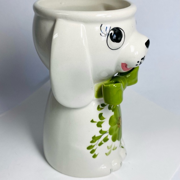 Puppy Dog Figurine Vase Planter Ceramic White Green Vintage Portugal P3571 6" - Picture 3 of 8